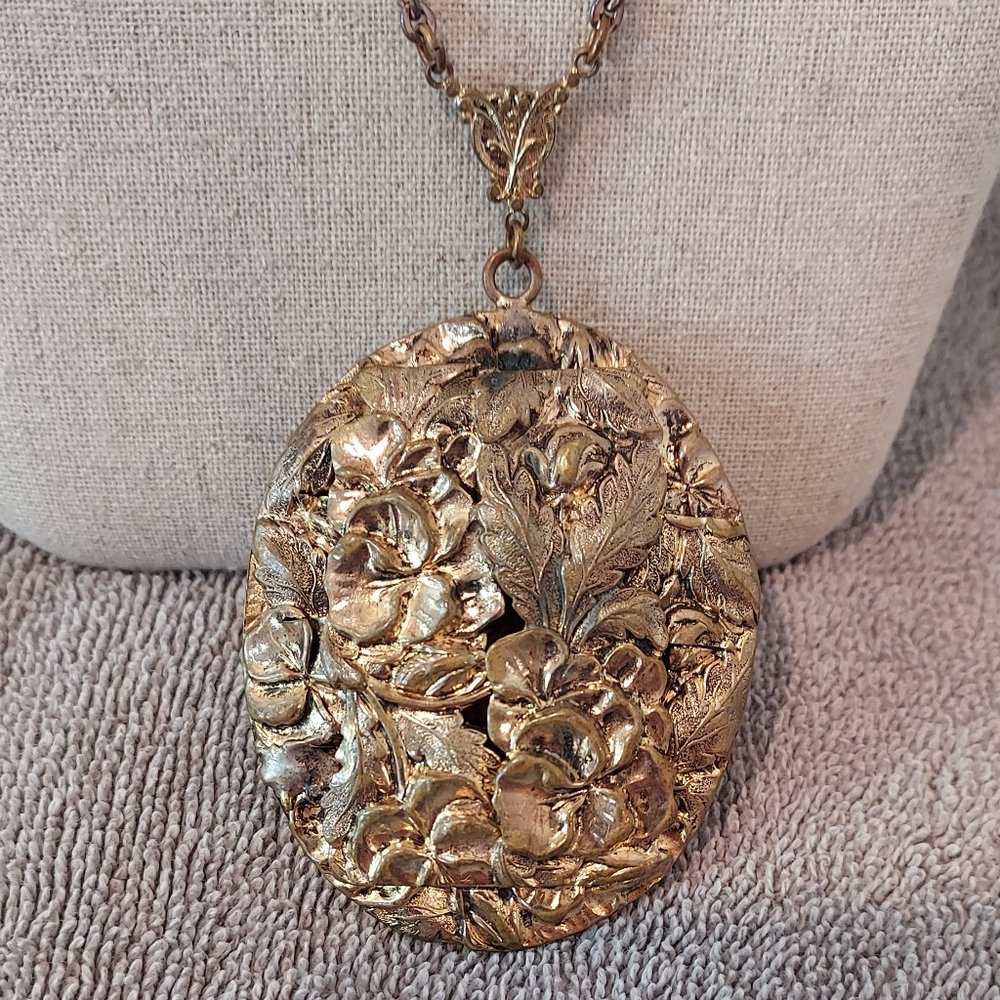 Large oval floral pansy pendant on brass chain 22" long